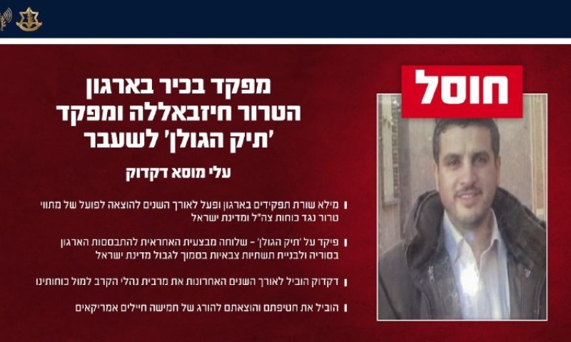 צה"ל מאשר רשמית: חוסל מפקד תיק הגולן בחיזבאללה