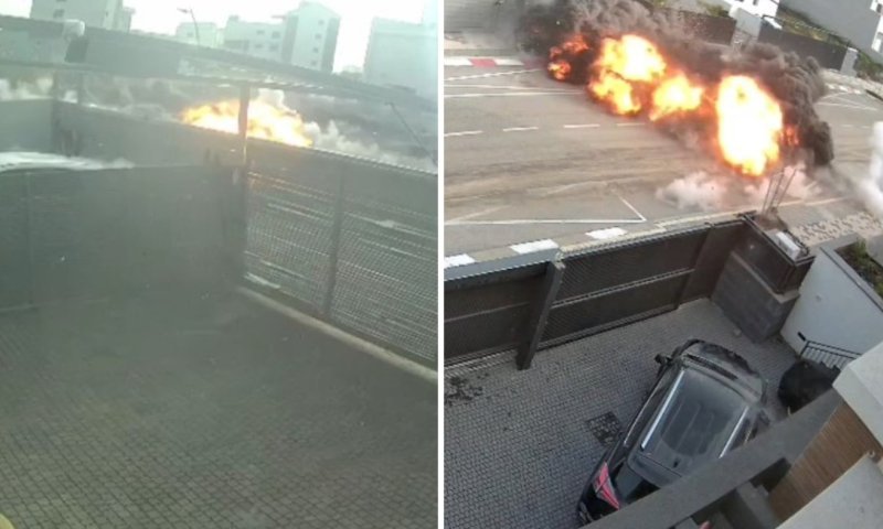 נפילת רקטה בקריית שמונה ללא התרעה: תיעוד דרמטי ממצלמות האבטחה