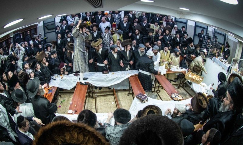 בטיש פורים אצל הרבי השרף: מוטי שטיינמץ שר ורקד על השולחן