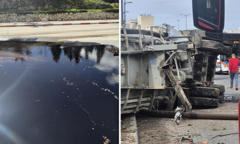 כמעט אסון: מכלית דלק נפלה לתוך כביש מהיר | תיעוד מטורף