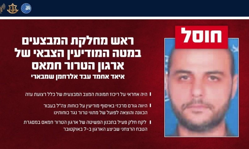 חוסל ראש מחלקת המבצעים במודיעין של חמאס, שהשתתף בתכנון 7/10